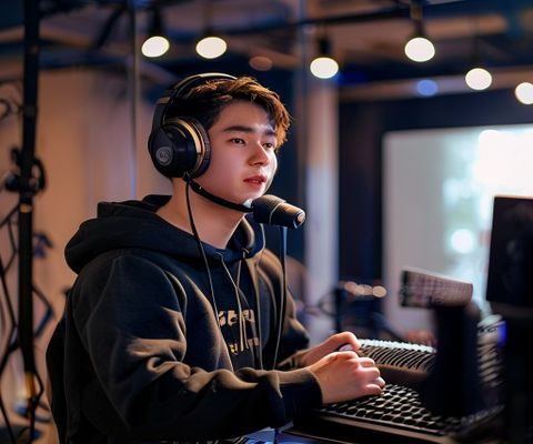 asmr基佬创作者培训现场，一位青年男性正在专业录音设备前录制ASMR音频，背景是温暖的录音棚环境